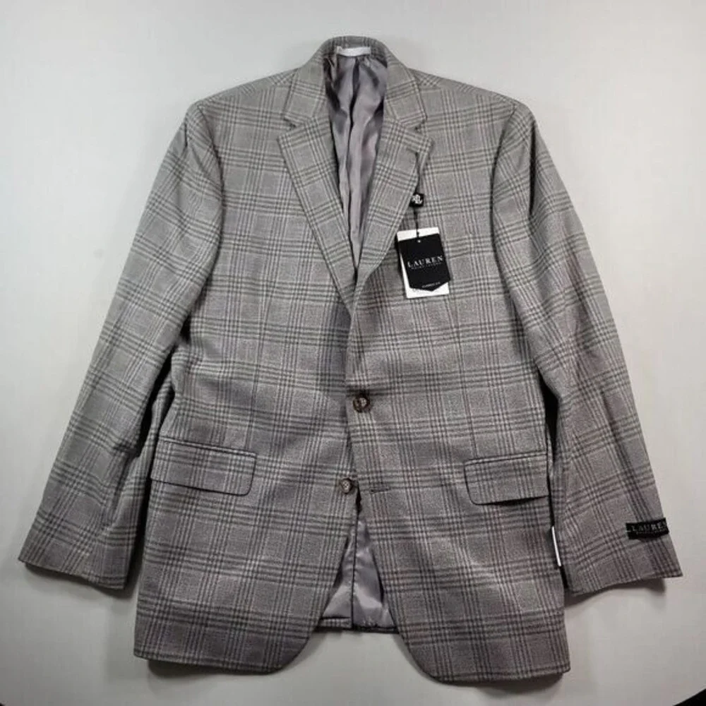 LRL Ralph Lauren Sport Coat Mens 44L 44 Oatmeal Grey‎ Plaid Blazer $295 NEW